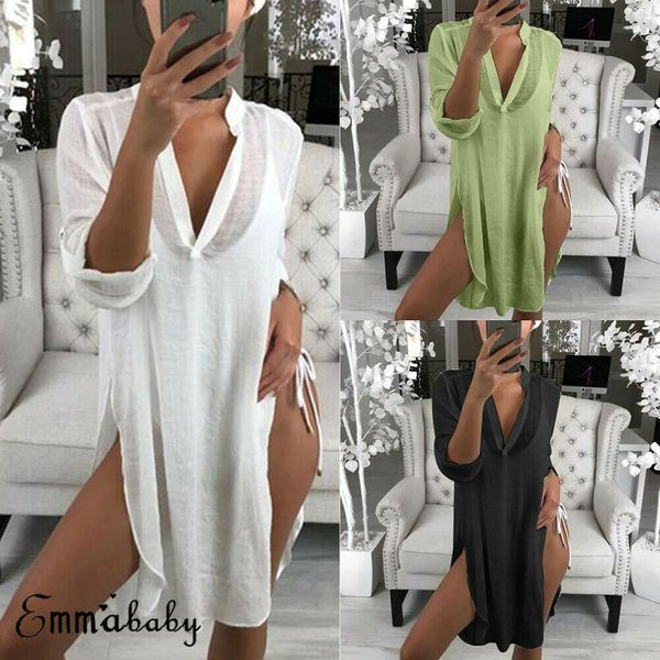 

2019 new arrival fashion women blouse lace summer plus size casual v-neck loose long sleeve chiffon slit shirt vintage, White