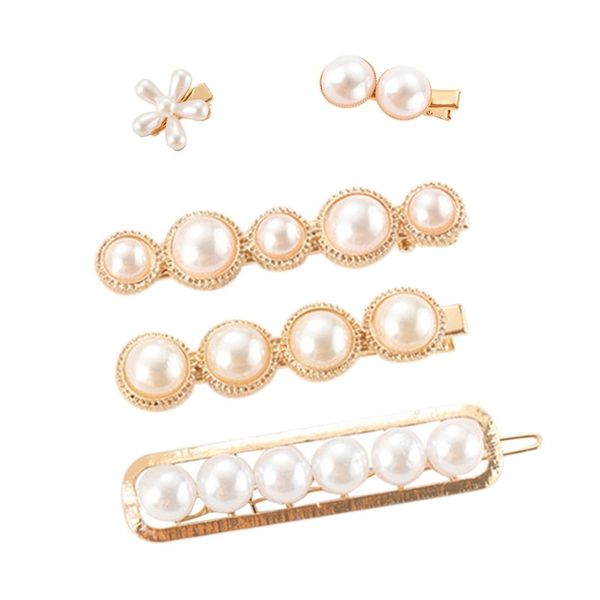 

women girl wedding party metal alloy hair clip imitation pearl flower beaded jewelry duckbill hairgrip makeup side bang barrette, Golden;white
