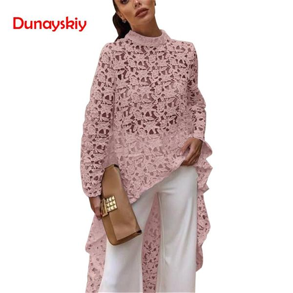 

2019 spring autumn women hollow out shirt lace long sleeve irregular blouse loose flora printed blouse new white