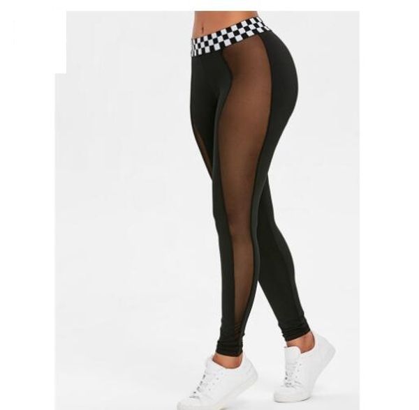 

mesh panel contrast waistband leggings 2019 fashion women leggings slim elasticity fitness leggins woman pants, Black
