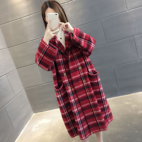 

long wool coat mink-like plaid jacket female 2018 spring winter immortal sweater loose knitted cardigan overcoat wide-waisted, Black