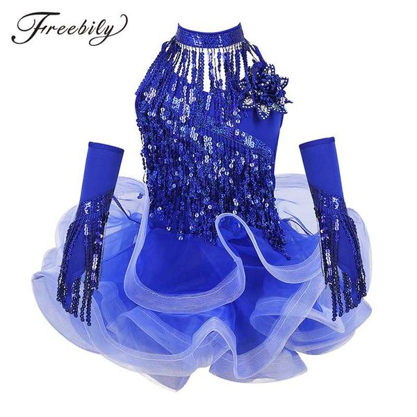 

stage wear kids girls sequins tassels tutu latin dance dress with shorts choker and arm sleeves set samba salsa performance costume, Black;red