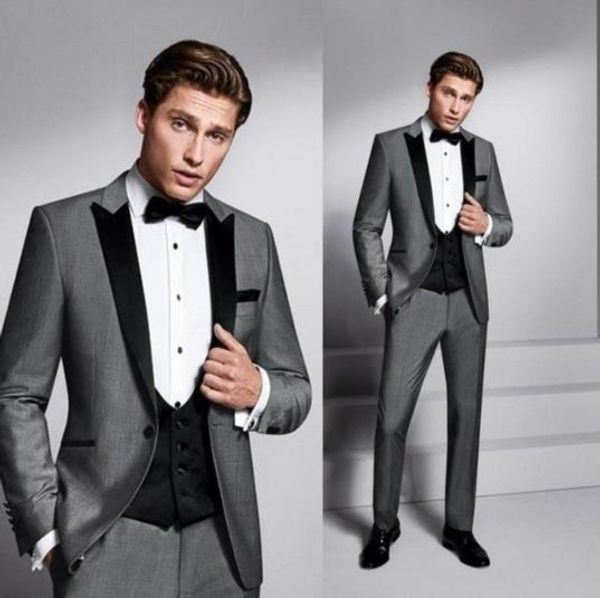 Cinza E Dos Homens Negros Ternos Slim Fit Tuxedo parte do casamento casaco calça preto lapela Mens Smoking Formal Do Casamento (Jacket + Pants + colete + Bowtie)