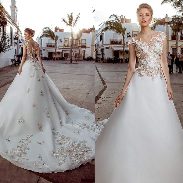 

2020 floral a-line wedding dresses v-neck sleeveless lace appliqued bridal gown tulle court train custom made robes de mariÃ©e sell, White