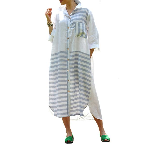 

designer dresses womens dress women cotton mid calf dress 2019 spring twill lapel long sleeve pockets striped splice asymmetric split, Black;gray