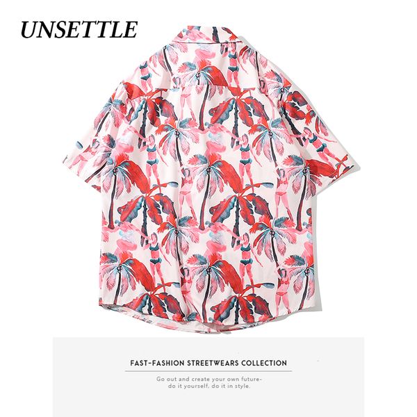

расстроить 2020ss men summer streetwear кокосовое дерево печати гавайские рубашки хип-хоп моды повседневный кнопка с коротким рукавом вниз t, White;black
