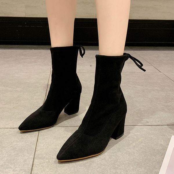 

women black ankle boots 6 cm thick high heel pointed toe short boots women 2019 fashion winter ladies shoes 2 style