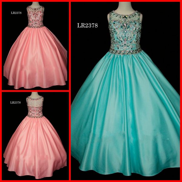 

sparkly coral aqua girls pageant dresses ball gown satin cap short sleeves rhinestones beaded designer toddler kids flower girls dress, White;red