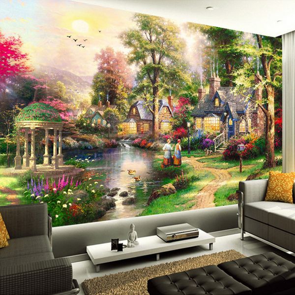 Пользовательские 3D Wall Фрески Обои Европейский стиль Картина маслом Пейзаж ручной росписью Гостиная ТВ Декор Mural Art