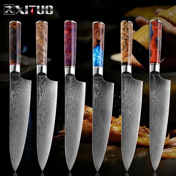 

xituo damascus нож поварской профессиональный кухонный нож япония кливер нарезка кожура santoku кирицукэ готовим инструменты смола ручки
