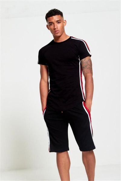 

mens tracksuits natural color mens active suits short sleeve crew neck short pants striped panelled designer, Gray