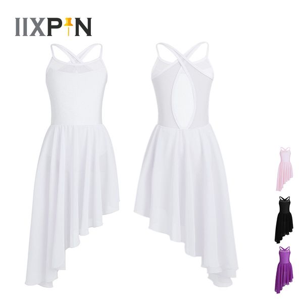 

iixpin kids girls mesh ballet dance dress splice spaghetti shoulder straps cutout back hem gymnastics leotard ballet for girl, Black;red