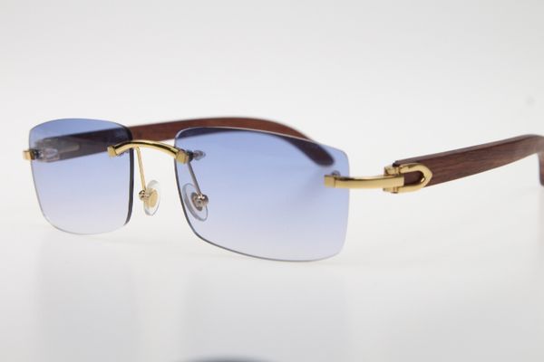 

wholesale 3524012 carved wood sunglasses rimless sunglasses designer wooden sun glasses with box blue lens, White;black