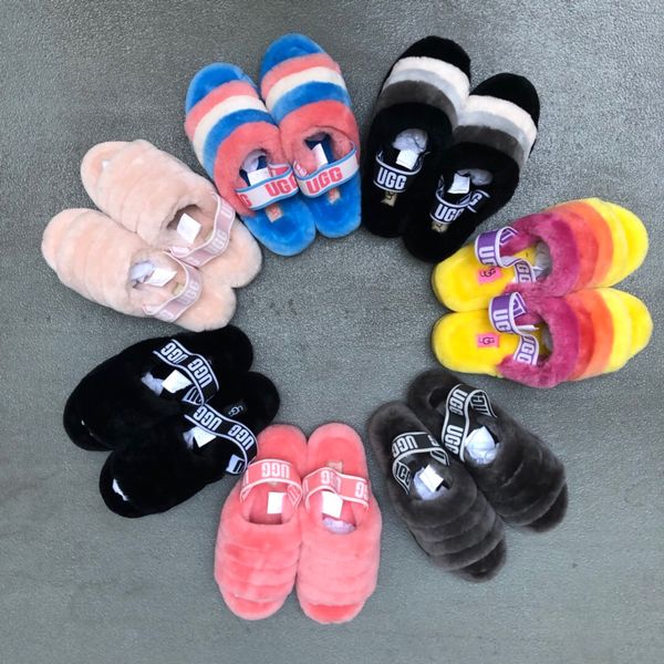 

new women furry slippers australia fluff yeah mulitcolor slide designer uggs casual boots fashion women sandals fur slides slippers, Black;purple