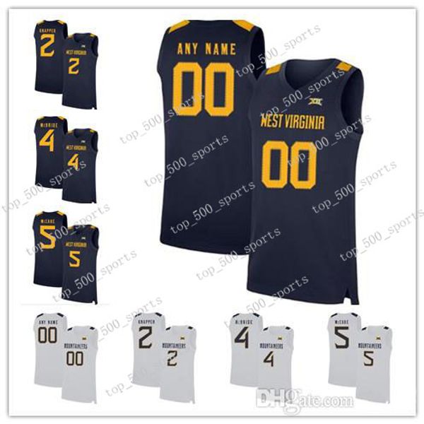 

custom west virginia mountaineers ncaa 2020 basketball any name number white navy 5 mccabe 2 brandon knapper wvu college basketball jersey, Black