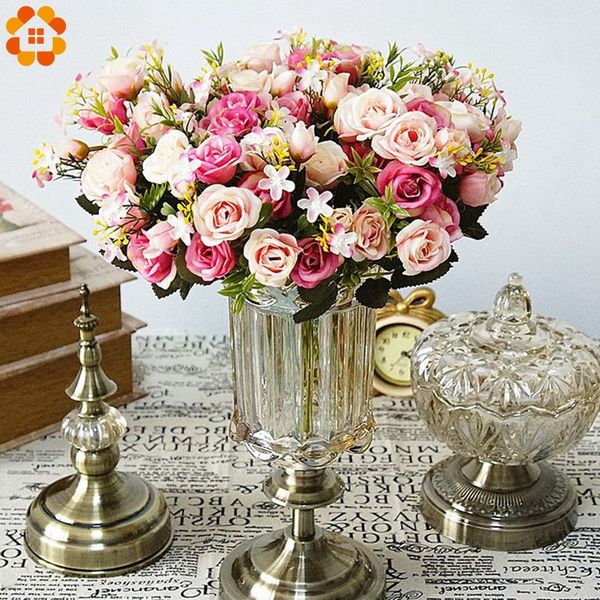 

1 bouquet 13 heads artificial flowers small bud silk roses simulation flowers green leaves for wedding home vases decoration