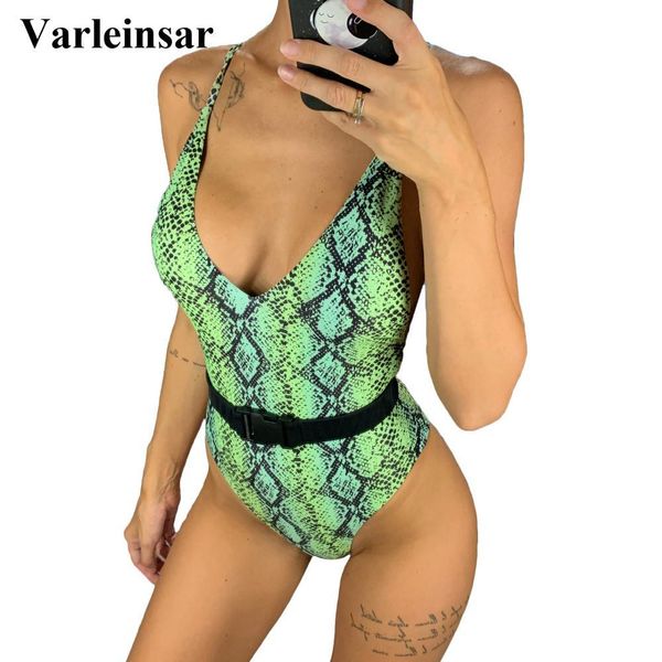 

new 2019 женщины купальники зеленая змея печати v neck one piece купальник женский купальщица с поясом купальный костюм плавать lady v1546, White;black