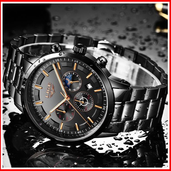 

lige moon phase waterproof brand date chronograph quartz sport stainless steel strap luxury mens watch reloj hombre, Slivery;brown