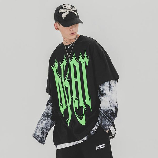

2020 новый мужчины сращивания длинные рукава свободные футболки письмо печати streetwear hip hop мужской женщины пара тройники рубашки, White;black