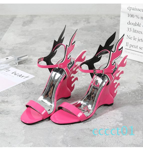 

summer shoe woman high fashion lady sandal ankle strap wedge high heel sandal platform sandals wedge with flame patent leather shoe ct1, Black