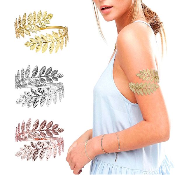 

3x upper arm bracelet leaf shape bangle bracelet made of metal, diameter: 8 cm, Golden;silver
