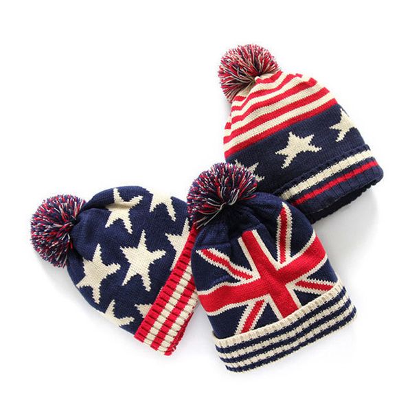 

warm soft 100% acrylic fashion design navy blue star union jack pattern women's beanie with pom pom knit winter hats, Blue;gray