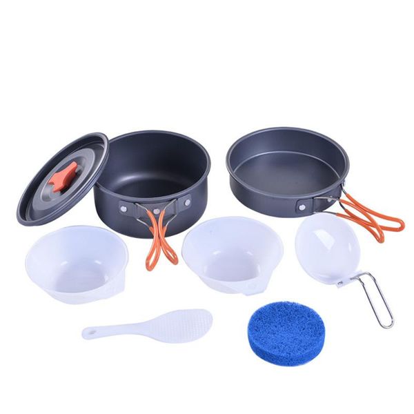 

7pcs/box outdoor camping tableware set cooking picnic bowl spoon pot frying pan set portable travel cookware