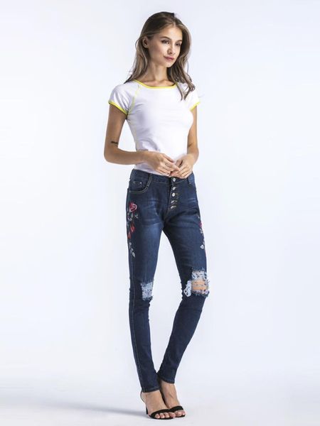 

new products sun wish trousers online celebrity with holes embroidery high-waisted cowboy women's pants, Blue