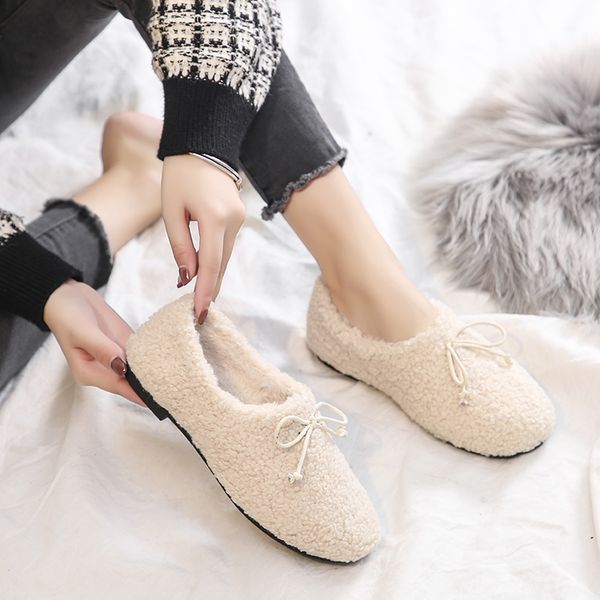 

2020 winter shoes women slip on warm flat shoes wild casual loafers plush moccasins lady cute bow women's flats w36-39, Black