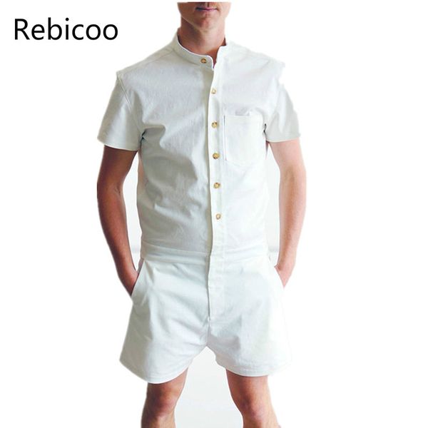 

new mens one-piece cotton blend jumpsuits short sleeve cargo work pants summer coat, Gray