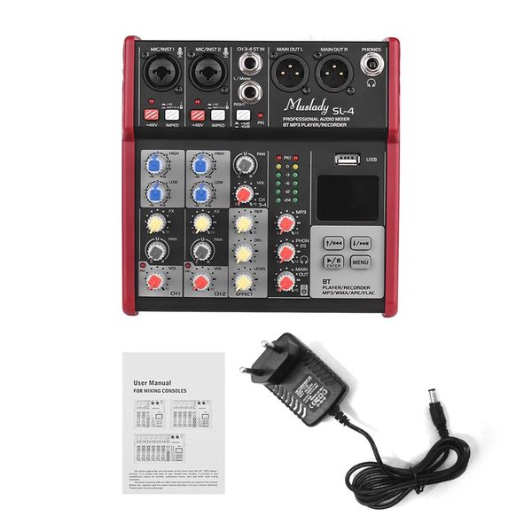 

muslady sl-4 compact size 4-channel mixing console mixer 2-band eq built-in 48v phantom power supports bt connection usb
