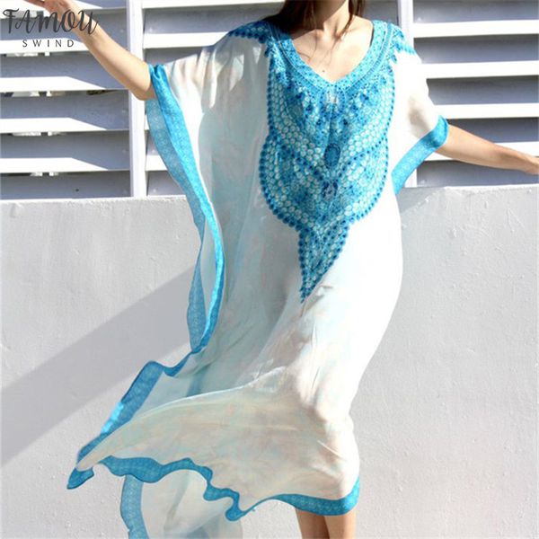 

2020 new plus size women summer beach wear kaftan maxi dress cotton tunic bohemian printed batwing sleeve long dress sarong n773, Black;gray