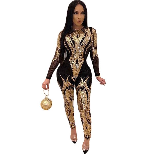 

3xl plus size gold silver sequin bodycon mesh jumpsuit women see through party club rompers tight jumpsuits long pants, Black;white