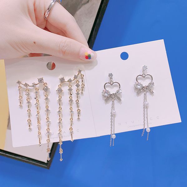 

silver needle super fairy temperament rhinestones bow love long tassel dangle korean fashion sweet ladies accessories jewelry