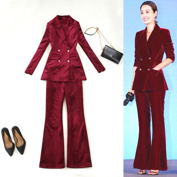 

casual solid women double breasted velvet notched collar blazer jacket & flare pant pant suits burgundy female suit, White;black