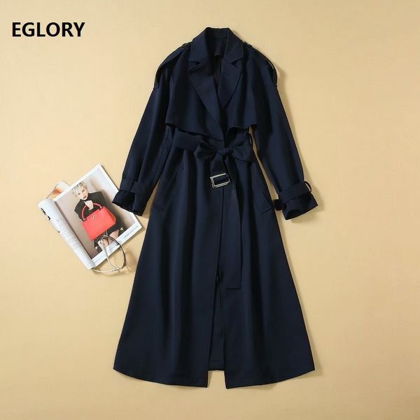 

long coat trench 2019 autumn style women turn-down collar adjustable belt patchwork long sleeve dark blue overcoats, Tan;black
