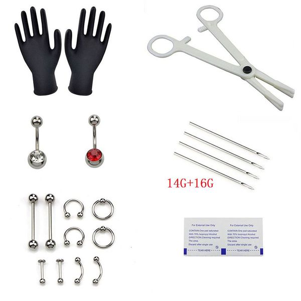 

1set sterile belly body ring needle sets body piercing tools piercing tool kit cartilage tools jewelry professional, Slivery;golden