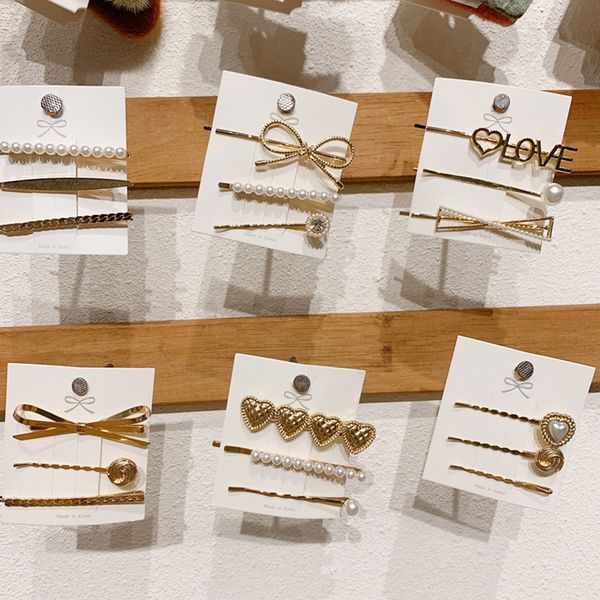 

fashion simple 3pcs pearl hairpin combination ins hairpin clip shape stylus clip bangs clip hair jewelry, Golden;silver