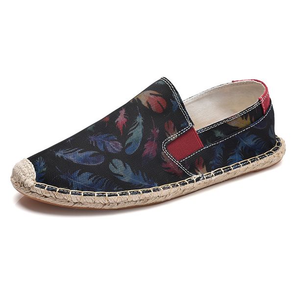 

casual shoes mens leaf print slip-on flat canvas shoes breathable linen solid color low fisherman shoes, Black