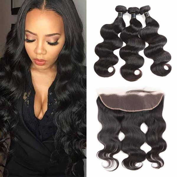 

перуанские тела волновые переплетений человеческих волос с кружевом фронтальная бразильский объемная волна девы волос 3 связки с 13x4 lace ф, Black;brown