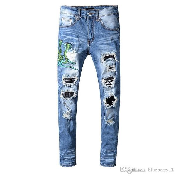 

new style mens jeans embroidery distressed patches pants hip hop skinny blue denim jeans hole slim trousers asian size