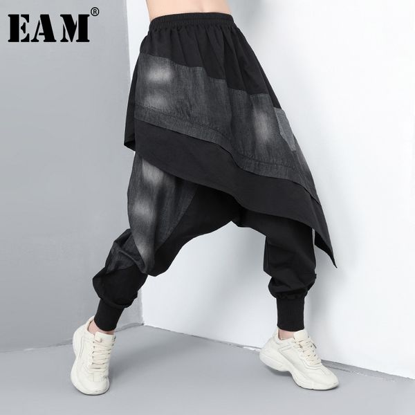 

eam] 2020 new autumn winter high elastic waist black denim split joint loose haremm pants women trousers fashion tide jq420, Black;white