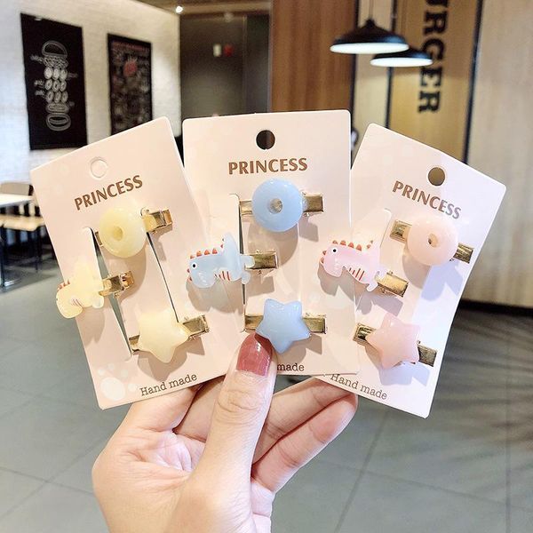 

3pcs set acrylic dinosaur star round hair clips hairpins for girls hair pin baby kid headwear children hairgrip accessories, Slivery;white