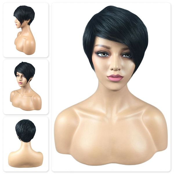 

real natural women pixie bob cut wigs short straight black synthetic hair wig