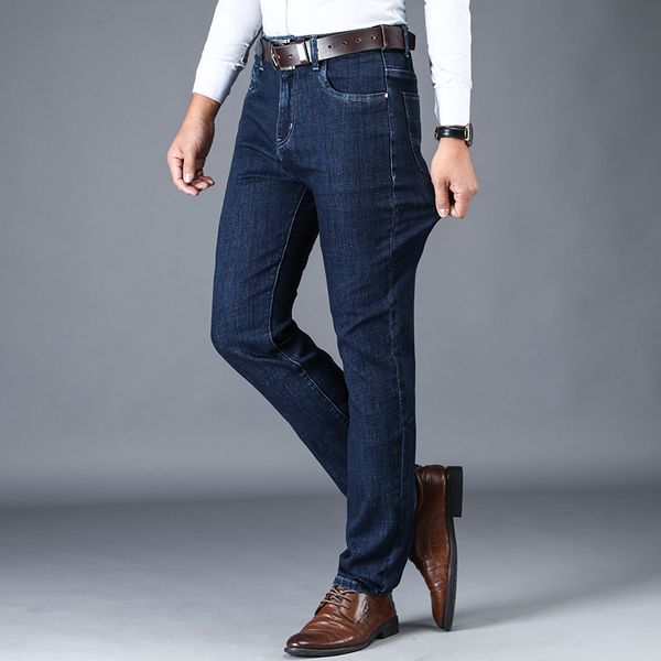 

2020 высокая талия джинсовые брюки мужские новый папа человек мода джинсы бизнес повседневная стрейч тонкий классический брюки классический, Blue