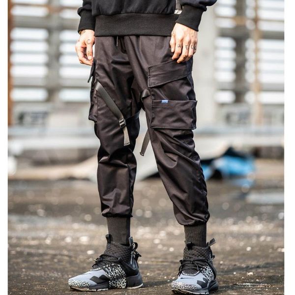 

2019 men multi-pocket harem pants jogger men streetwear punk ribbon cargo pants hip hop casual trousers joggers hombre, Black