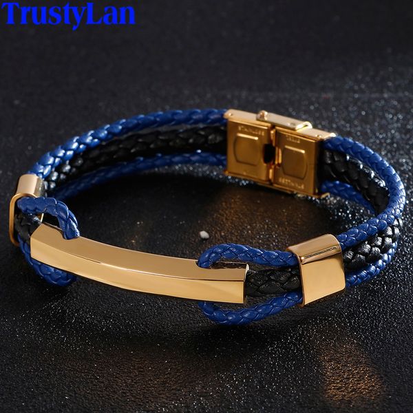 

personalized braided three-tier layer blue leather bracelet men gold stainless steel adjustable mens bracelets fashion bangles, Golden;silver