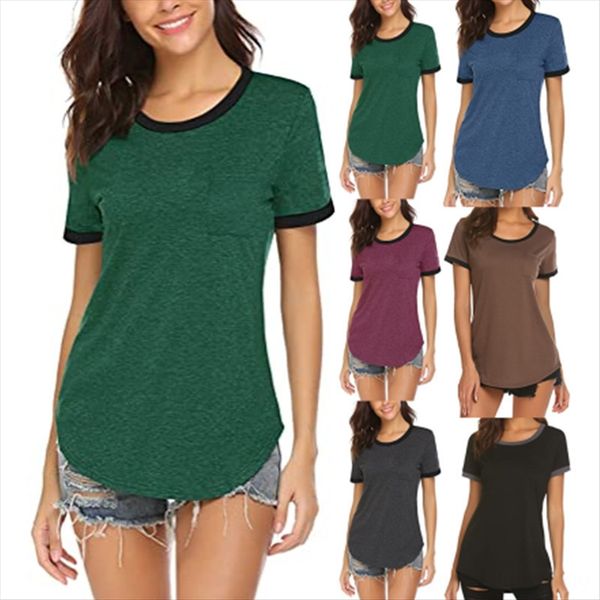 

2020 female round collar solid color stitching pocket short sleeve 2020 female round collar solid color stitching t-shirt pocket short s, White