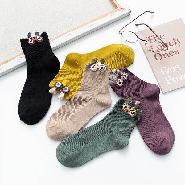 

3 pairs/pack candy colors cute funny socks women pure cotton kawaii ears crew women socks cartoon dropshipping suppliers, Black;white