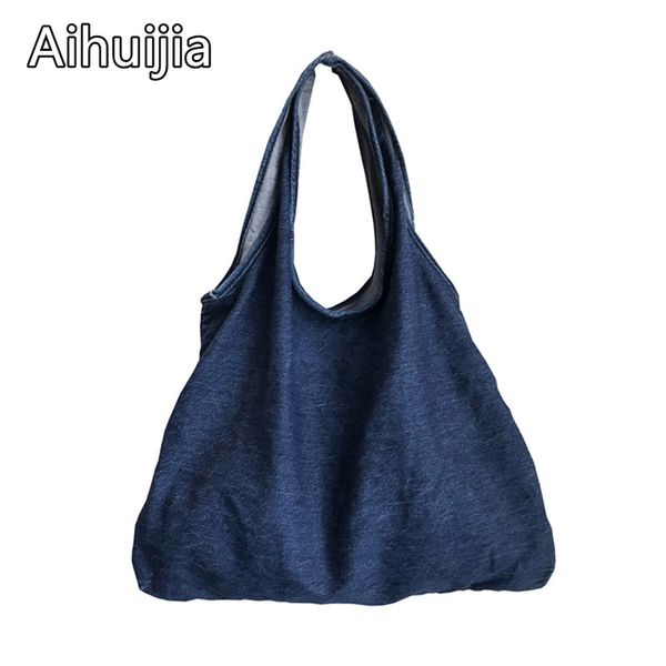 

ladies leisure travel bag 2020 new women's handbag casual cowboy solid color shoulder bag reusable women shopping bags beach
